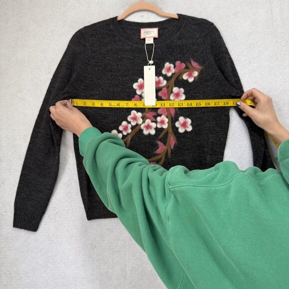 Saccharine New York Sweater Womens Small Charcoal Embroidered Cherry Blossom - Picture 3 of 7